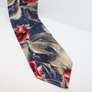 Structure Italian Fabric Floral Silk Necktie Navy Red 3.5” Wide